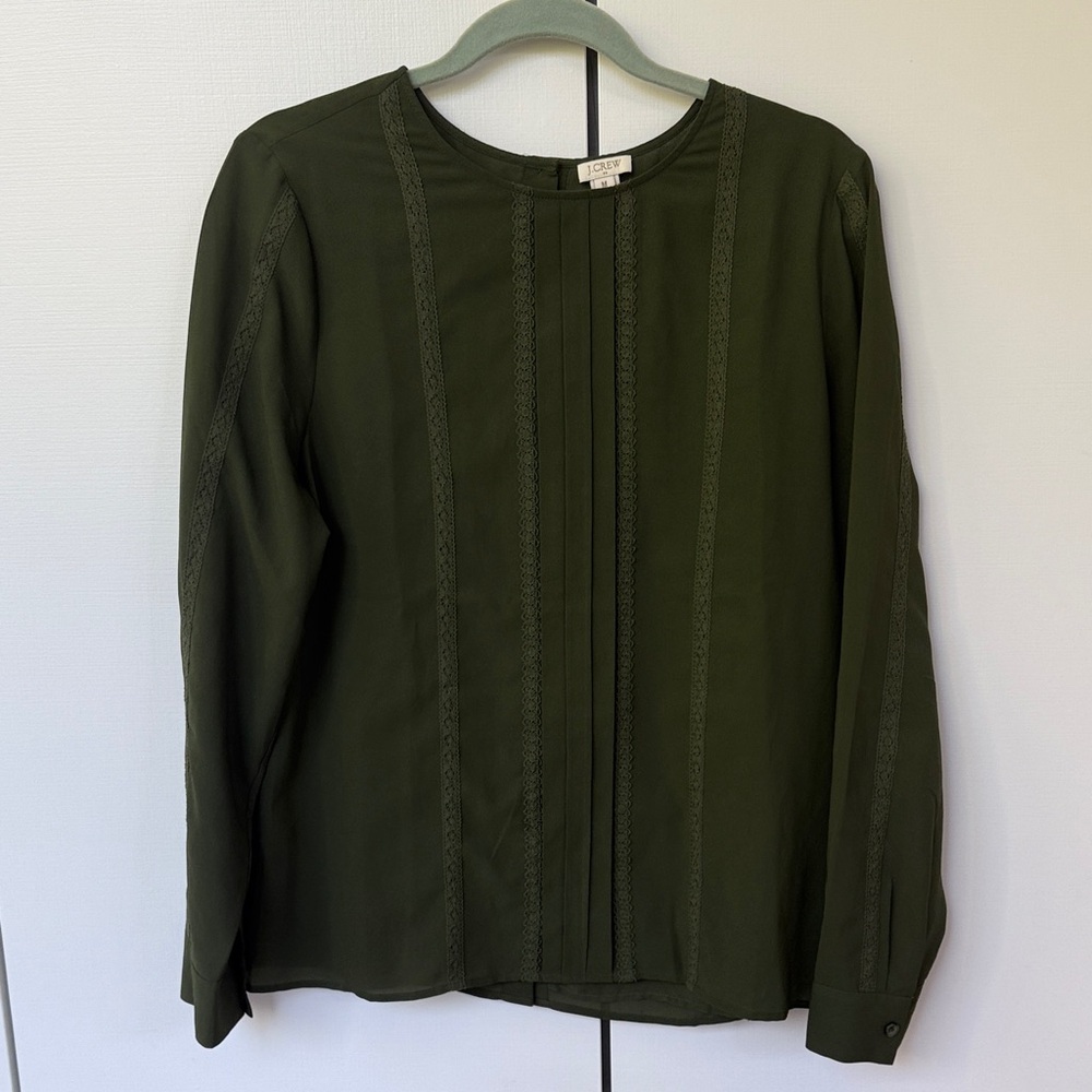 J. Crew Factory Olive Blouse with Lace Trim